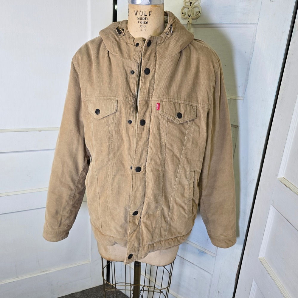 Levi‎ Strauss & Co Mens Tan Corduroy Sherpa Lined Hooded Trucker Jacket Size L